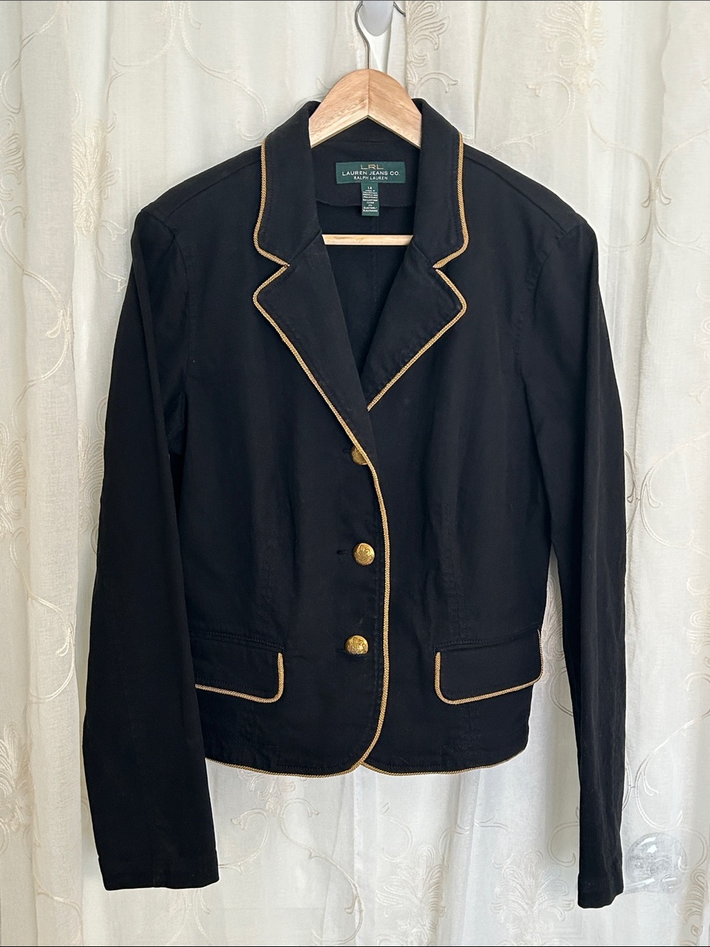 LRL Lauren Jeans Co Ralph Lauren Black Blazer Gold Rope Trim 14